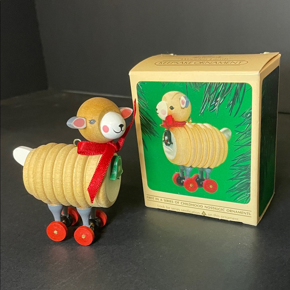 Hallmark Keepsake Wooden Sheep Pull Toy Ornament - Red Ribbon Vintage 1984